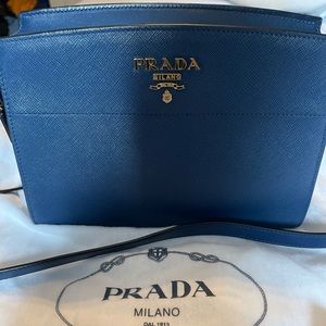 Authentic Prada Saffiano Bandoliere Blue Bag with Crossbody Strap